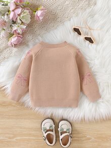 SHEIN 秋冬季幼兒女童卡其色甜美圓領長袖蝴蝶結針織開襟衫，返校穿搭，舒適柔軟，節慶聖誕套裝 - 卡其色 - 查看 2