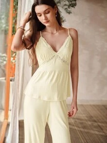 MOTF PREMIUM LACE PATCHWORK MODAL TOP & PANTS PAJAMA SET, SPRING/SUMMER - Yellow - View 4