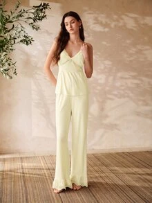 MOTF PREMIUM LACE PATCHWORK MODAL TOP & PANTS PAJAMA SET, SPRING/SUMMER - Yellow - View 3