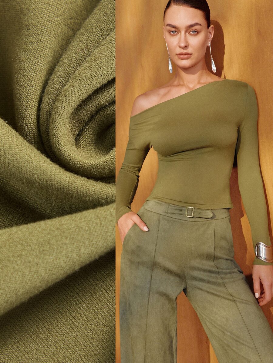 MOTF PREMIUM WOMEN'S OLIVE GREEN ASYMMETRIC SHOULDER T-SHIRT TOP, ELEGANT COMMUTER STYLE, AUTUMN/WINTER - Olive Green - View 1