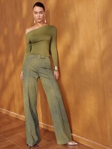 MOTF PREMIUM WOMEN'S OLIVE GREEN ASYMMETRIC SHOULDER T-SHIRT TOP, ELEGANT COMMUTER STYLE, AUTUMN/WINTER - Olive Green - View 3