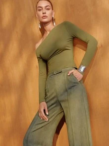 MOTF PREMIUM WOMEN'S OLIVE GREEN ASYMMETRIC SHOULDER T-SHIRT TOP, ELEGANT COMMUTER STYLE, AUTUMN/WINTER - Olive Green - View 4