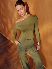 MOTF PREMIUM WOMEN'S OLIVE GREEN ASYMMETRIC SHOULDER T-SHIRT TOP, ELEGANT COMMUTER STYLE, AUTUMN/WINTER - Olive Green - View 5