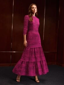 MOTF PREMIUM HOLLOW LACE DRESS SLIMMING ELEGANT ROMANTIC GRACEFUL CONTRAST LACE WOMEN'S DRESS - Purple - View 5