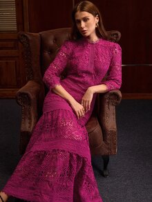 MOTF PREMIUM HOLLOW LACE DRESS SLIMMING ELEGANT ROMANTIC GRACEFUL CONTRAST LACE WOMEN'S DRESS - Purple - View 3