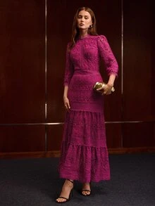 MOTF PREMIUM HOLLOW LACE DRESS SLIMMING ELEGANT ROMANTIC GRACEFUL CONTRAST LACE WOMEN'S DRESS - Purple - View 6
