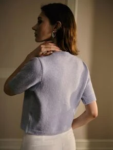 MOTF PREMIUM WOMEN TIE NECK SHORT SLEEVE BUTTON PLACKET CARDIGAN - Mauve Purple - View 4