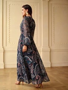 ZEYLAH 優雅浪漫收腰傘擺蕾絲拼接V領長洋裝 春夏季 - 藏蓝色 - 查看 3