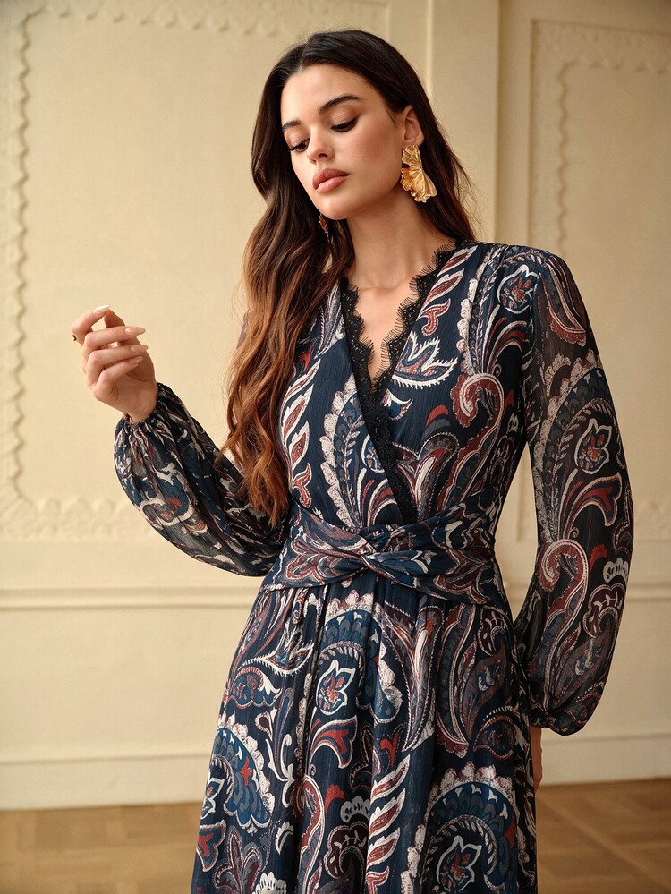 ZEYLAH Elegant Romantic Waist-Cinched Umbrella Hem Lace Patchwork V-Neck Long Dress Spring Summer - Navy Blue - View 4