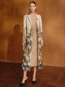 MOTF PREMIUM FLORAL PATTERN NOTCH LAPEL OVERCOAT WITHOUT BELT - Camel - View 4