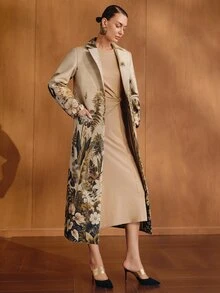 MOTF PREMIUM FLORAL PATTERN NOTCH LAPEL OVERCOAT WITHOUT BELT - Camel - View 3