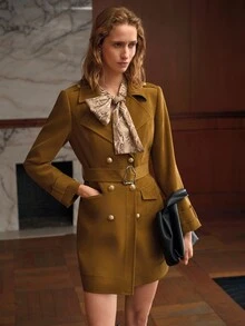 MOTF PREMIUM Mantel trench wanita model double-breasted, pas badan, panjang sedang, musim gugur/musim dingin. - Khaki - View 5