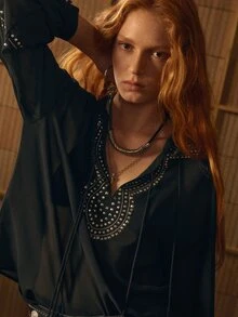 MOTF STUDIO WOMEN'S SPRING SUMMER AUTUMN RIVET DECOR KNOTTED COLLAR SHEER LOOSE BLOUSE - Black - View 8