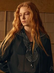 MOTF STUDIO WOMEN'S SPRING SUMMER AUTUMN RIVET DECOR KNOTTED COLLAR SHEER LOOSE BLOUSE - Black - View 3