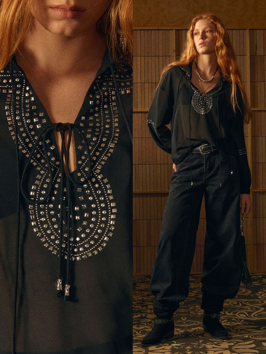 MOTF STUDIO WOMEN'S SPRING SUMMER AUTUMN RIVET DECOR KNOTTED COLLAR SHEER LOOSE BLOUSE - Black - View 1