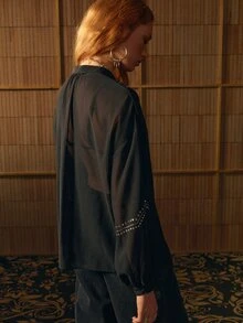 MOTF STUDIO WOMEN'S SPRING SUMMER AUTUMN RIVET DECOR KNOTTED COLLAR SHEER LOOSE BLOUSE - Black - View 5