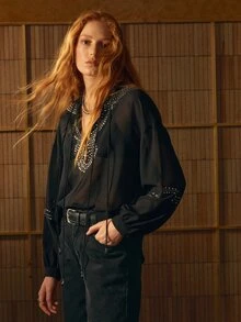 MOTF STUDIO WOMEN'S SPRING SUMMER AUTUMN RIVET DECOR KNOTTED COLLAR SHEER LOOSE BLOUSE - Black - View 4