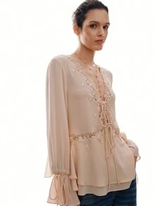 MOTF PREMIUM URBAN CHIC LACE PATCHWORK DEEP V-NECK FRONT TIE TOP, BACK TO SCHOOL - Coral Pink - View 5