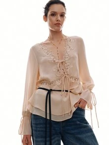 MOTF PREMIUM URBAN CHIC LACE PATCHWORK DEEP V-NECK FRONT TIE TOP, BACK TO SCHOOL - Coral Pink - View 6
