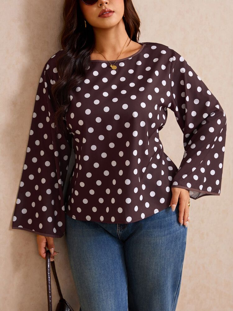 Elaquor Plus Size Women's Polka Dot Pattern Long Sleeve Casual Shirt Fall/Winter Casual Daily Office Business Work Blouse For Women Casual Blouse For Women - Brown - View 6