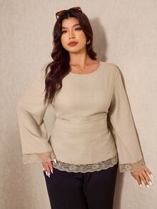 Elaquor 大尺碼女款純色圓領長袖蕾絲下擺時尚襯衫，優雅辦公商務工作襯衫，適合秋季/冬季校園穿著 - 杏色 - 查看 4