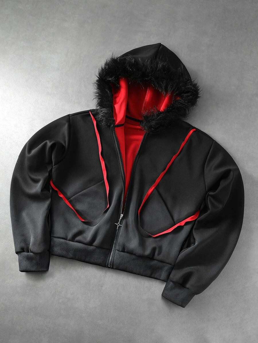 ROMWE MEN Street Life Men's Gradient Vintage Colorblock Patchwork Structured Fur Collar Hooded Sweatshirt - Black - View 1