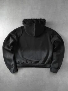 ROMWE MEN Street Life Men's Gradient Vintage Colorblock Patchwork Structured Fur Collar Hooded Sweatshirt - Black - View 3