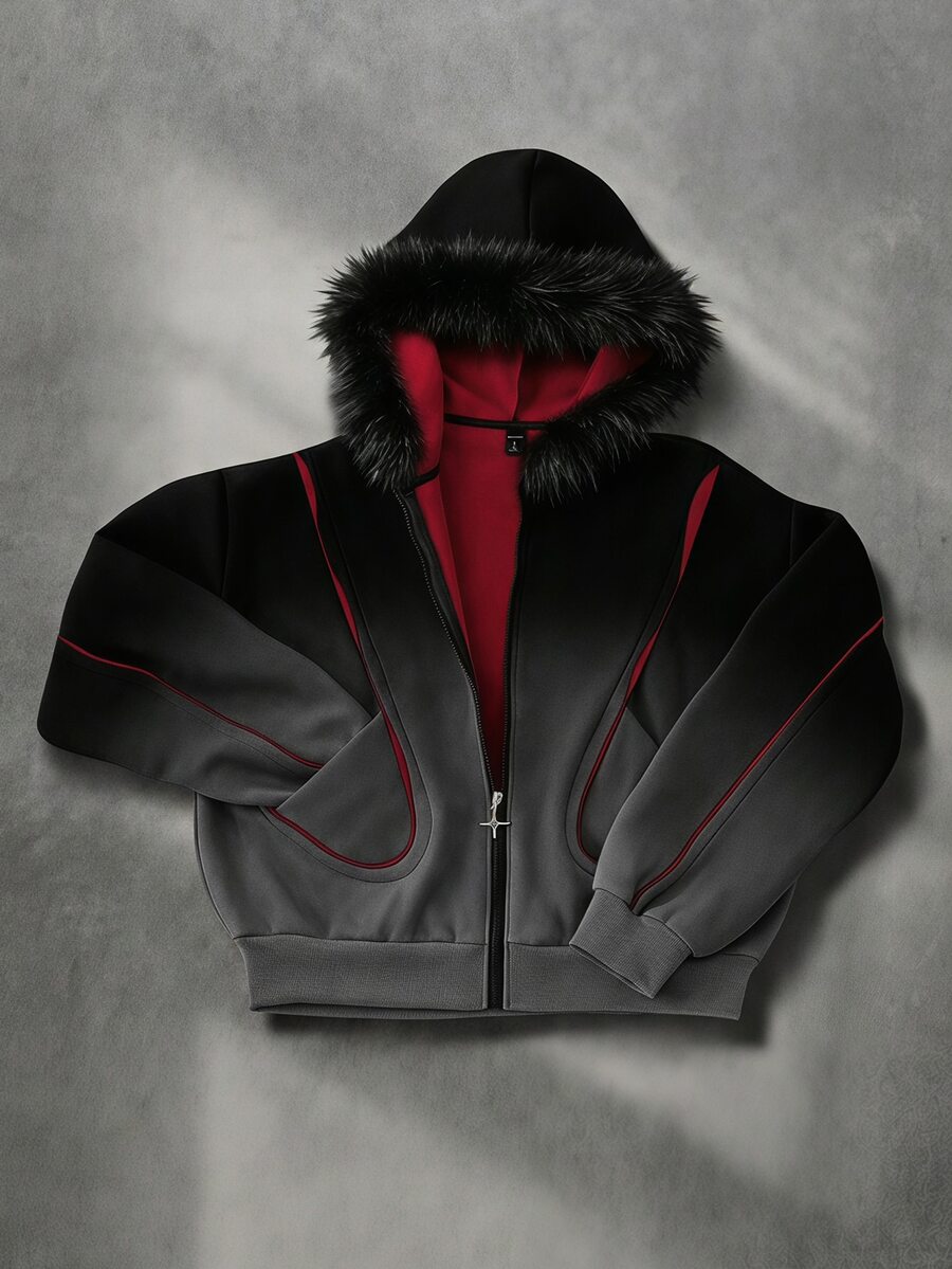ROMWE MEN Street Life Men's Gradient Vintage Colorblock Patchwork Structured Fur Collar Hooded Sweatshirt - Black - View 1