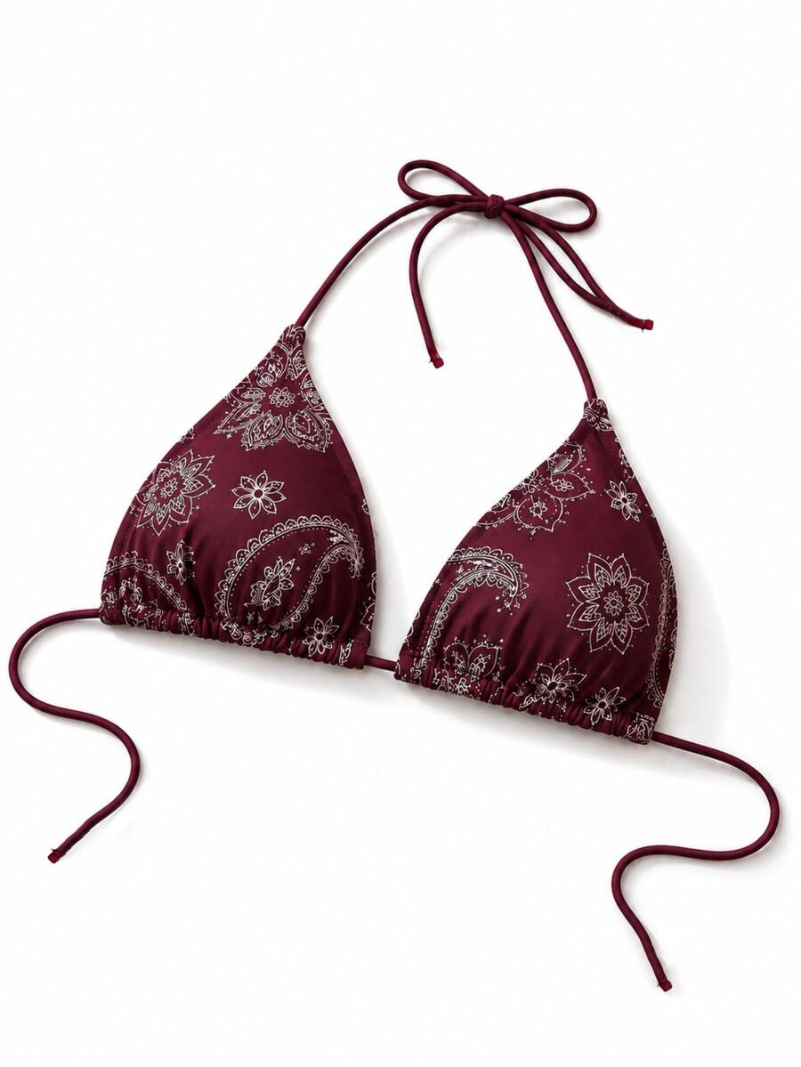 Women Paisley Beach Bikini Top Beach Vacation Summer - Burgundy - View 1