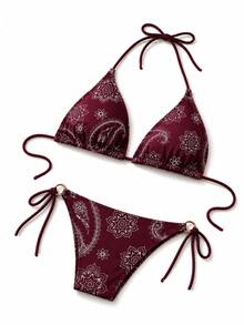 Women Paisley Beach Bikini Top Beach Vacation Summer - Burgundy - View 1
