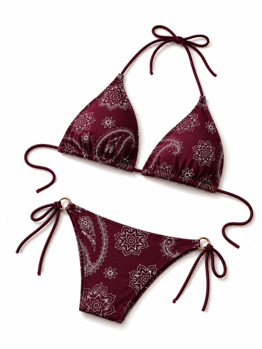 Women Paisley Beach Bikini Top Beach Vacation Summer - Burgundy - View 1