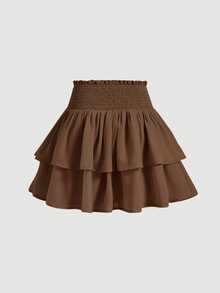 SHEIN MOD Falda Mini De Doble Capa Con Dobladillo Asimétrico Con Volantes Para Mujer Y Cintura Fruncida - Marrón - Ver 2