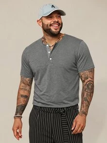 COMVAIL Men's Plus Size Fashion Versatile Ribbed Button Half-Placket Short Sleeve T-Shirt - Black - View 1