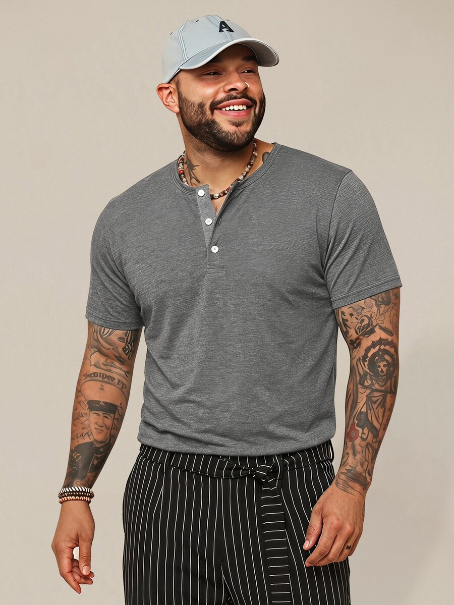 COMVAIL Men's Plus Size Fashion Versatile Ribbed Button Half-Placket Short Sleeve T-Shirt - Black - View 1