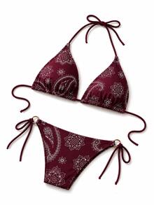 Women Paisley Beach Bikini Bottom Beach Vacation - Burgundy - View 3
