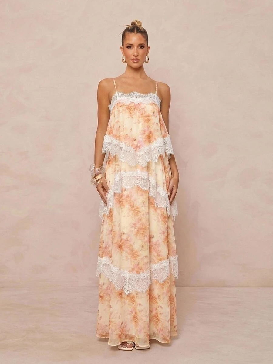Lumalex Lace Trim Tiered Maxi Dress Elegant Boho Tropical Summer Layered Chiffon Spaghetti Straps Flowy A Line Backless Wedding Guest Tea Party Orange Floral