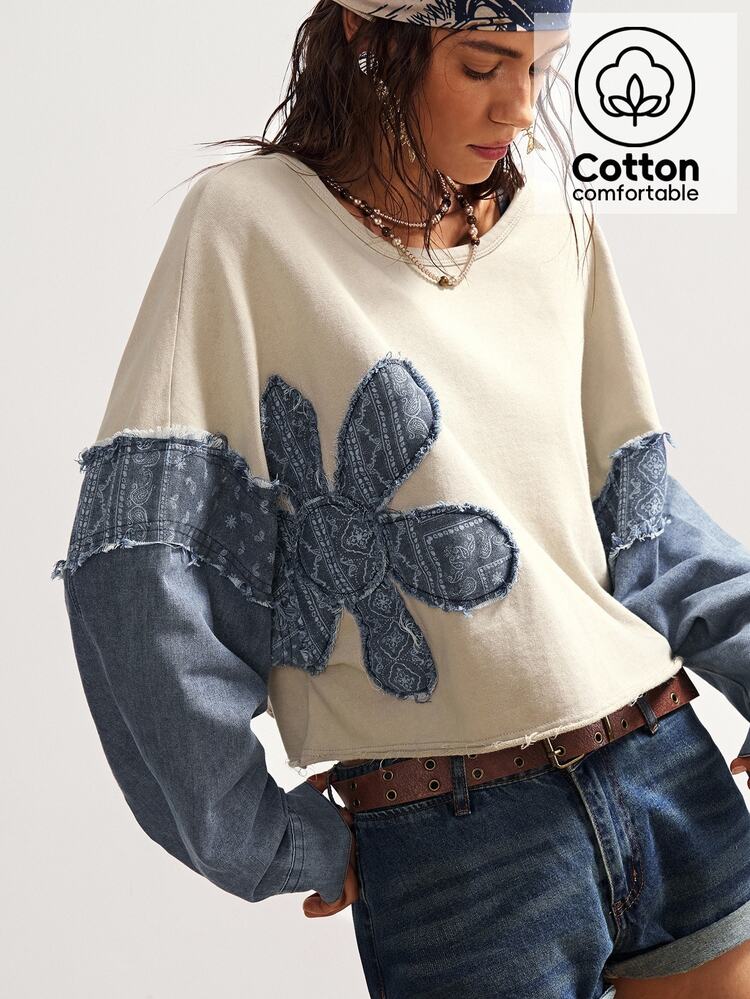 Bohemela BOHO Countryside Vacation Casual Knit Patchwork Floral Pattern Denim Loose Crew Neck Long Sleeve Sweatshirt For Women In Fall/Winter - Grey - View 1