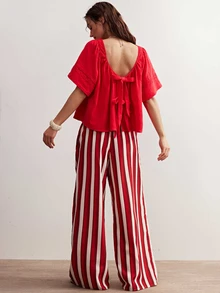 Bohemela Women's Casual Solid Color Loose Woven Shirt - Red - View 8
