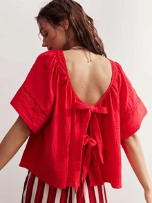 Bohemela Women's Casual Solid Color Loose Woven Shirt - Red - View 4