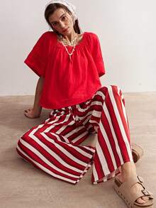 Bohemela Women's Casual Solid Color Loose Woven Shirt - Red - View 5