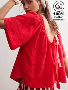 Bohemela Women's Casual Solid Color Loose Woven Shirt - Red - View 1