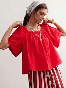 Bohemela Women's Casual Solid Color Loose Woven Shirt - Red - View 3