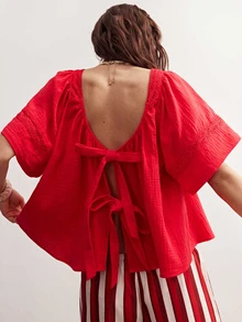 Bohemela Women's Casual Solid Color Loose Woven Shirt - Red - View 6