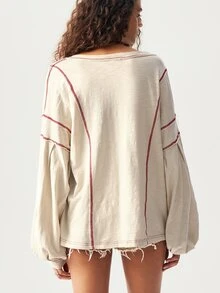 Bohemela Casual Plain Knit V-Neck Drop Shoulder Long Sleeve Loose Women Sweatshirt - Apricot - View 7