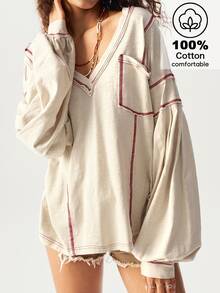 Bohemela Casual Plain Knit V-Neck Drop Shoulder Long Sleeve Loose Women Sweatshirt - Apricot - View 1