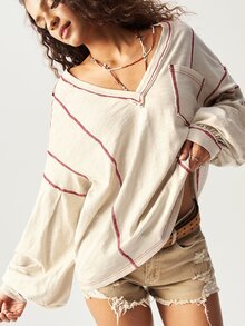Bohemela Casual Plain Knit V-Neck Drop Shoulder Long Sleeve Loose Women Sweatshirt - Apricot - View 3
