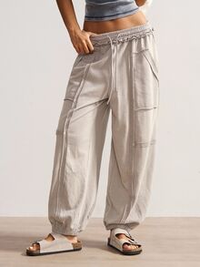 Bohemela Women's Casual Solid Color Knit Loose Drawstring Sweatpants Loose Pants Parachute Pants For Women - Grey - View 2