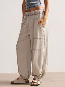 Bohemela Women's Casual Solid Color Knit Loose Drawstring Sweatpants Loose Pants Parachute Pants For Women - Grey - View 4