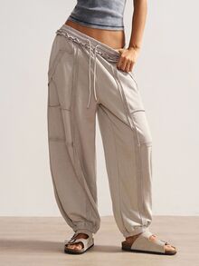 Bohemela Women's Casual Solid Color Knit Loose Drawstring Sweatpants Loose Pants Parachute Pants For Women - Grey - View 3