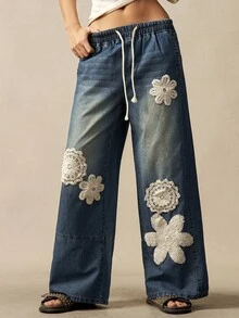 Bohemela 女款休閒波西米亞風純色編織寬鬆寬腿牛仔褲 度假風 藍色花卉 秋季 - 藍色 - 查看 3